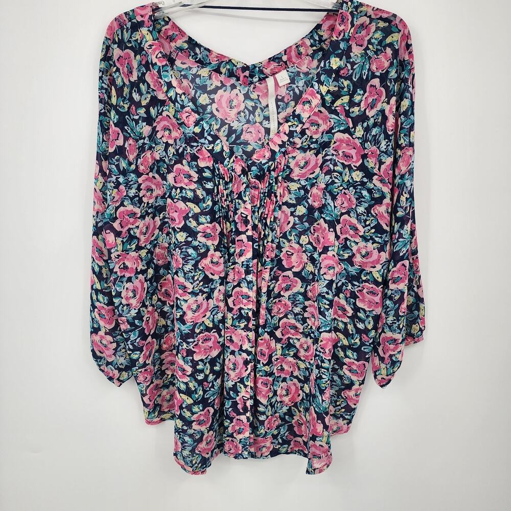 Lauren Conrad Floral Chiffon Blouse Large V Neck 3/4 Sleeve Sheer Flow Top